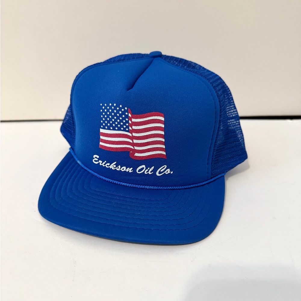 Vintage Erickson Oil Co Blue Foam Rope Trucker Mesh Snapback Hat MINT USA Flag